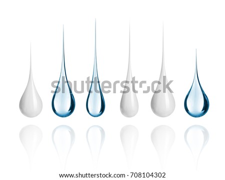 Set of different milk and water drops close-up, isolated on white background 