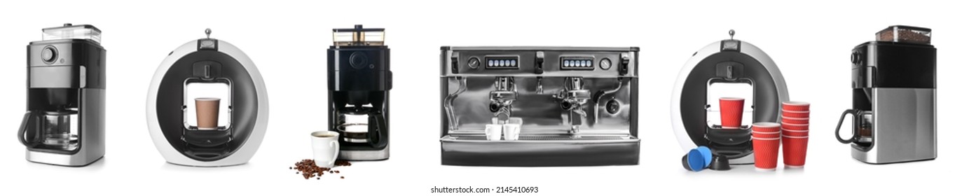 Set Of Different Modern Coffee Machines Isolated On White 