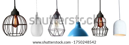 Set of different modern hanging lamps on white background. Banner design
