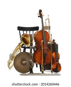 Set of different musical instruments on white background