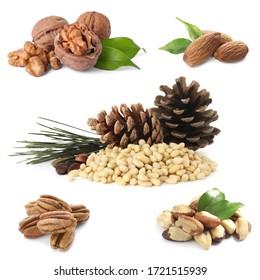 Set of different nuts on white background