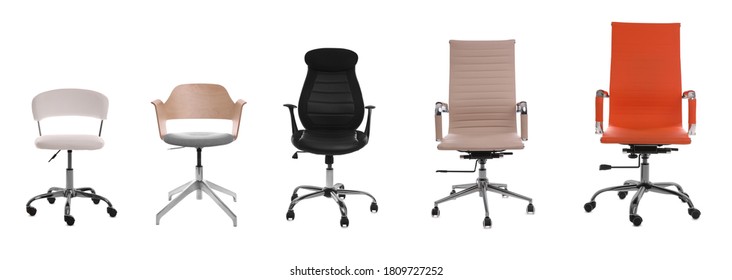 Set Of Different Office Chairs On White Background. Banner Design 