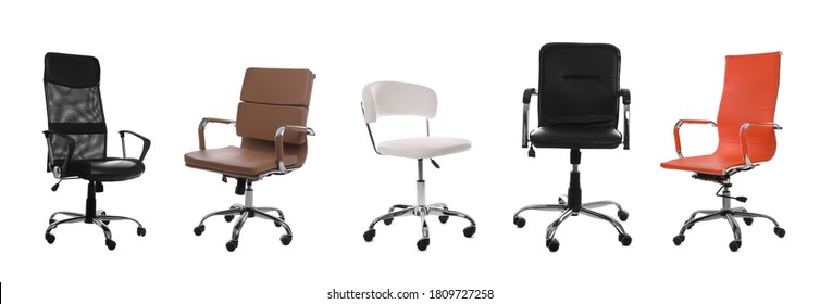 Set Of Different Office Chairs On White Background. Banner Design 