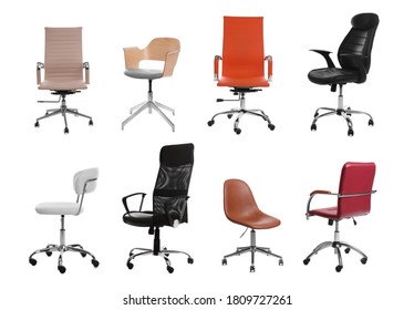 Set Of Different Office Chairs On White Background 