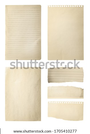 Set of different old notebook papers on white background