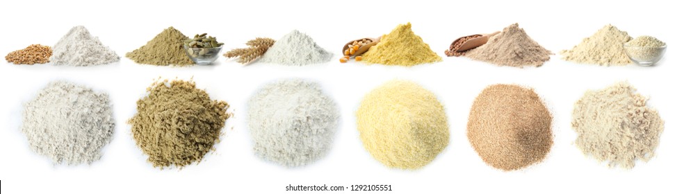 Set of different organic flour and seeds on white background