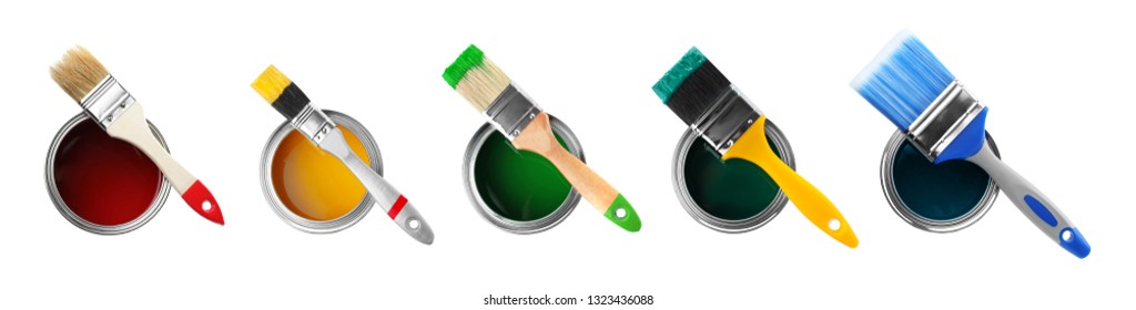 Set of different paint brushes and cans on white background, top view 
