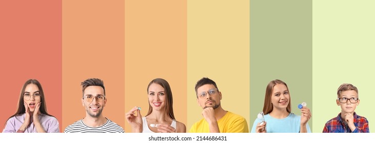 Set of different people with eyeglasses and contact lenses on colorful background - Shutterstock ID 2144686431