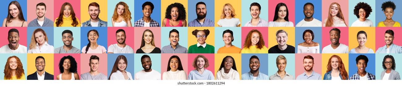 Set Of Different People Faces, Women And Men Smiling To Camera On Colorful Studio Backgrounds. Panorama - Shutterstock ID 1802611294