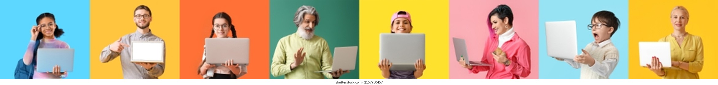 Set of different people with laptops on colorful background - Shutterstock ID 2157950457