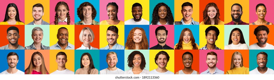 Set Of Different People Portraits With Happy Females And Males Diverse Faces Over Colored Studio Backgrounds. Diversity Of Society Concept. Panorama, Headshots Collage