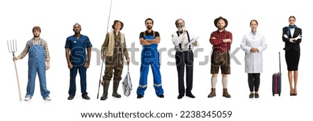 Set of different people of different professions standing in a line over white background. Chef, fisherman, doctor, farmer, gardener, teacher, professor, blacksmith, stewardess. Concept of occupation