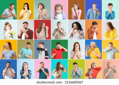 Set of different people suffering from allergic reactions on color background - Powered by Shutterstock