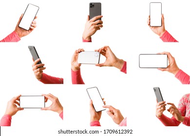 Set of different photos with person holding mobile phone in hand