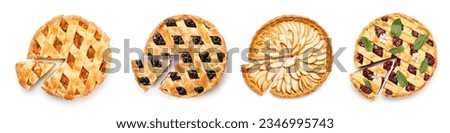 Set of different pies on white background, top view