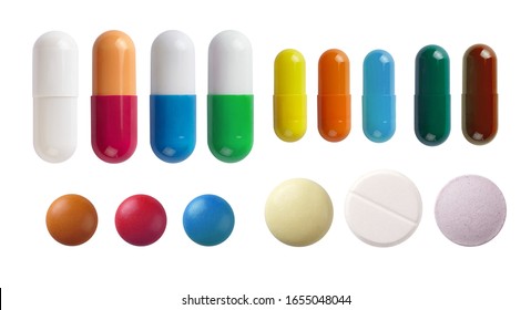 A set of different pills isolated on white background.