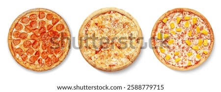 Set of different Pizzas isolated on white background. Set of pizzas pepperoni, four cheese, Hawaiian. Top view. Pizza and italian kitchen. Different tasty pizzas collection photos