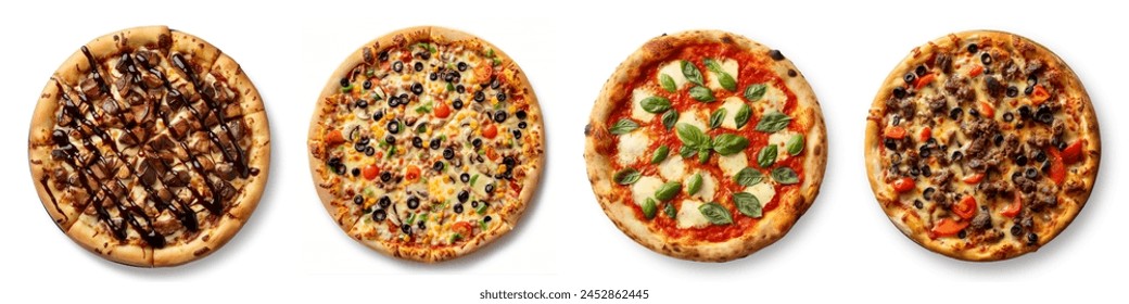 Set of different pizzas top view set. isolated on white background. pesto pizza, BBQ chicken pizza, fajita pizza, Italian pizza. All pizzas flavors isolated set collection.