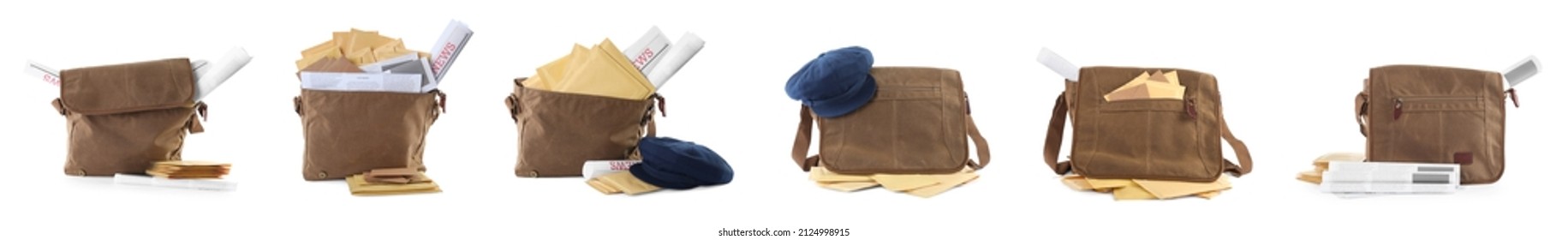 Set with different postman's bags with mails and newspapers on white background. Banner design