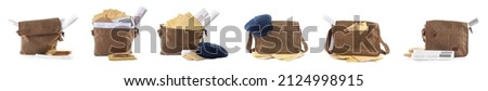 Set with different postman's bags with mails and newspapers on white background. Banner design