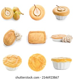 Set Of Different Pot Pies Isolated On White 