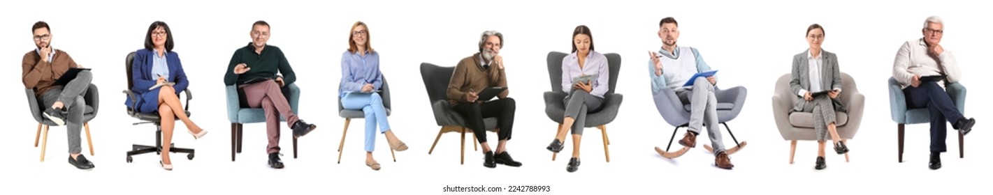 Set of different psychologists sitting in armchairs against white background - Shutterstock ID 2242788993