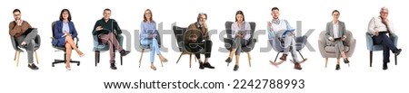 Set of different psychologists sitting in armchairs against white background