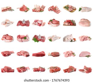 Set With Different Raw Meat On White Background