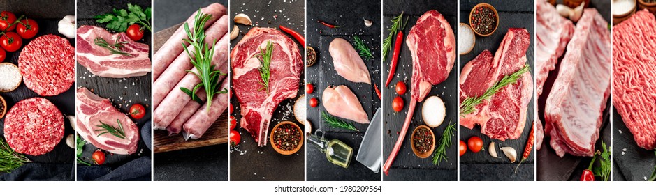 Set of different raw meat on a stone background. Photo collage, banner concept for butcher shop	 - Powered by Shutterstock