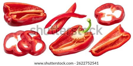 Set of different red bell pepper slices isolated on white background. File contains clipping paths.