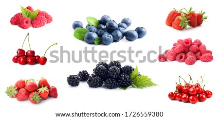 Set of different ripe berries on white background. Banner design