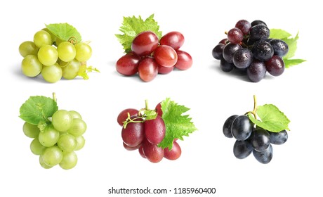 Set with different ripe grapes on white background - Shutterstock ID 1185960400