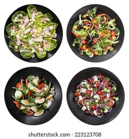 Set Of Different Salads On White Background.  Includes Chicken Caesar, Garden, Nicoise, And Greek.