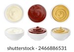 Set of different sauces in bowls isolated on white, top and side views