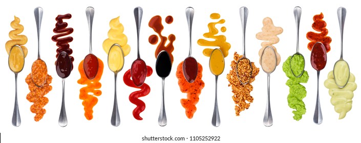 Set of different sauces with spoons isolated on white background - Shutterstock ID 1105252922