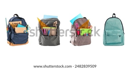 Set of Different school backpack isolated on white background. Back to school concept.