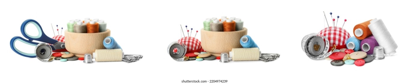 Set with different sewing tools on white background. Banner design