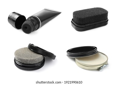 Set Of Different Shoe Care Products On White Background