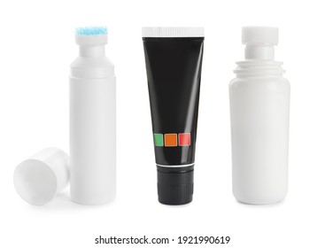 Set Of Different Shoe Care Products On White Background