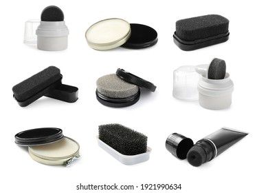 Set Of Different Shoe Care Products On White Background