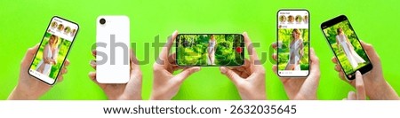 Set of Different Social Media Post Mockups Featuring Woman in Nature on Smartphone Screen