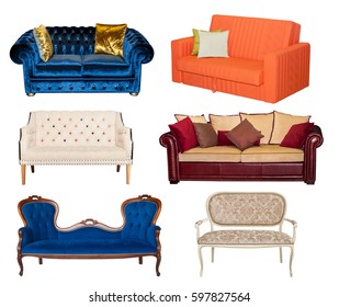 Set Of Different Sofa. Collage Of Old And Modern Sofa Furniture Isolated On White Background