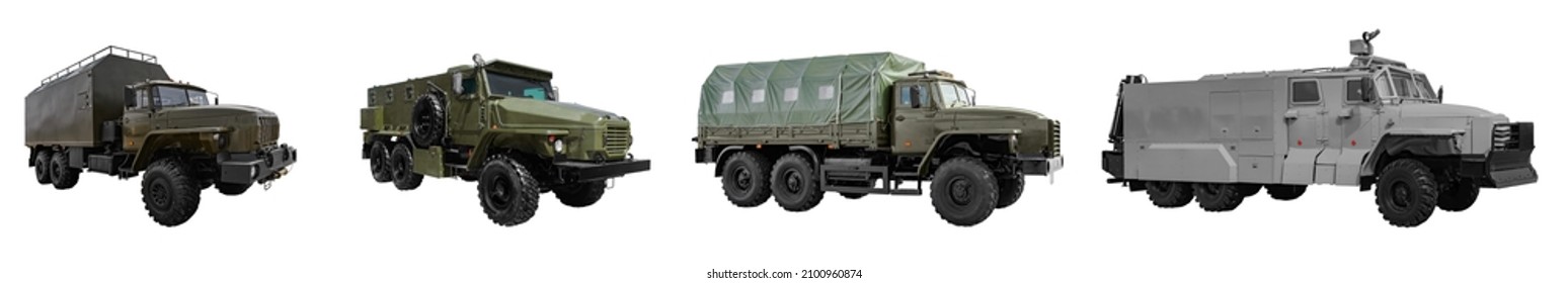 Set of different special purpose machinery and vehicles. Military transport vehicle for special purposes. Army vehicle. Special vehicle for riot control. Isolated on white with clipping path. 