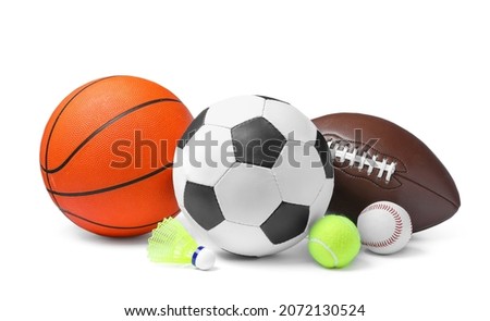 Set of different sport balls and shuttlecock on white background