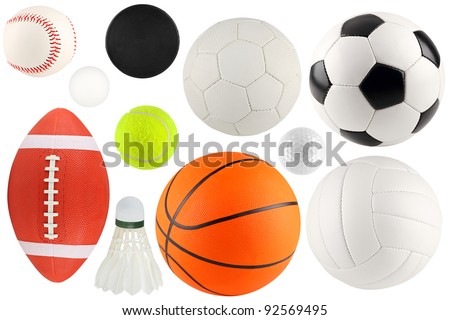 a set of different sport equipment and balls