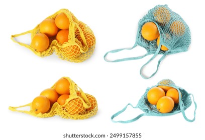 Set of different string bags with oranges isolated on white, top and side views - Powered by Shutterstock