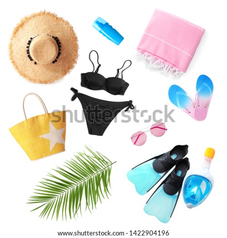 Set of different stylish beach accessories on white background, top view