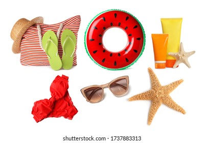 Set Of Different Stylish Beach Objects On White Background