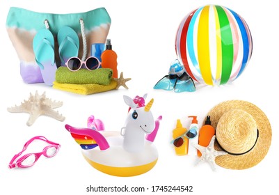 Set of different stylish beach objects on white background - Shutterstock ID 1745244542
