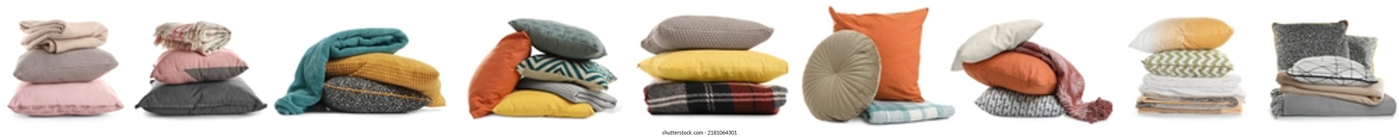 Set with different stylish decorative pillows on white background. Banner design - Shutterstock ID 2181064301